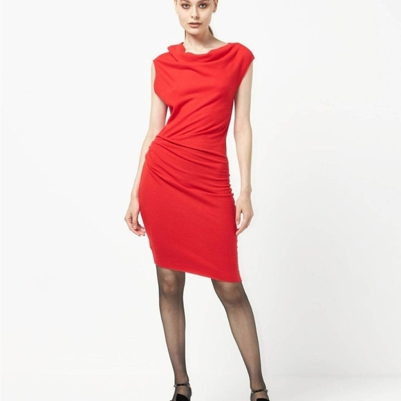 Helmut Lang 100% Wool Asymmetrical Jersey Mini Dress Cowl Bodycon Sheath Size P - Picture 1 of 10